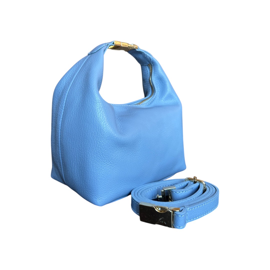 Geantă Mini Hobo din Piele Naturală cu Cataramă Metalică, Baby Blue