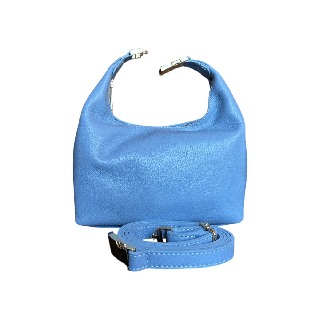 Geantă Mini Hobo din Piele Naturală cu Cataramă Metalică, Baby Blue