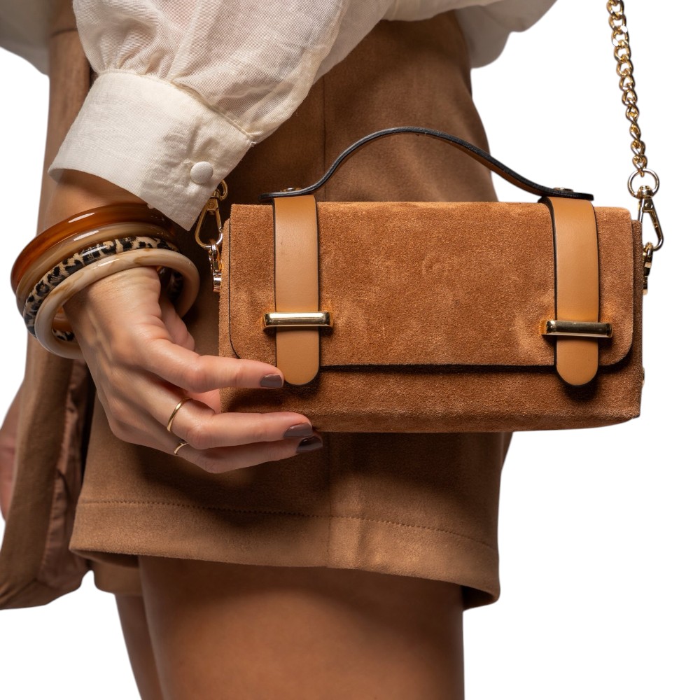 Geantă Claudia – Piele Naturală, Camel Catifelat